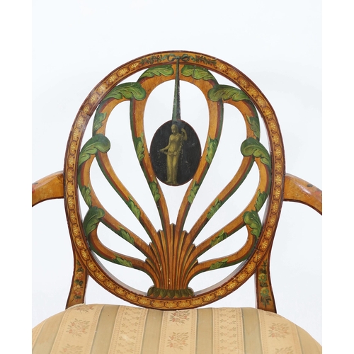 233 - A late Victorian Sheraton revival painted satinwood elbow chair, with anthemion and cameo back and s... 