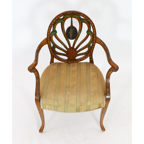 233 - A late Victorian Sheraton revival painted satinwood elbow chair, with anthemion and cameo back and s... 