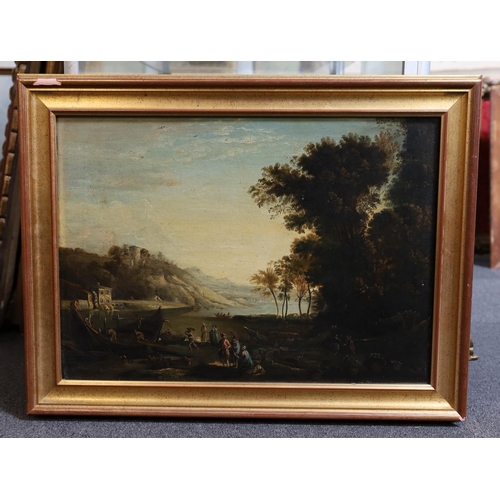 244 - Late 18th century English School Italianate landscape with figures loading barrels into a boatoil on... 