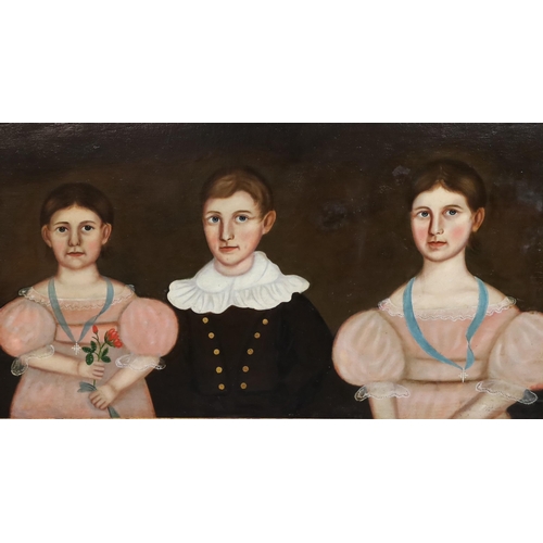 255 - American Primitive School Portrait of three children of the Burgess familyoil on canvas laid on boar... 