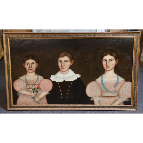 255 - American Primitive School Portrait of three children of the Burgess familyoil on canvas laid on boar... 