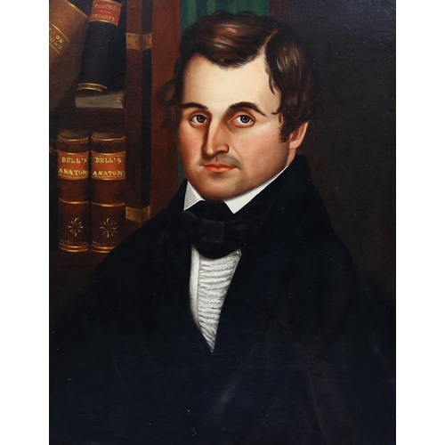 256 - 19th century American School Portrait of Charles Burgess, seated beside a copy of bells anatomy and ... 