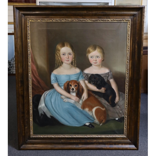 259 - Mid 19th century English School Portrait of two children seated with their King Charles Spanielsoil ... 