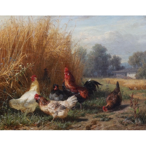 264 - Carl Jutz (German, 1838-1916) Chickens in a field & Ducks beside a streampair of oils on canvassigne... 