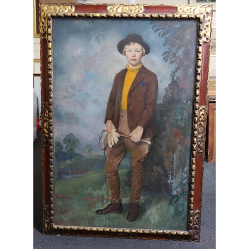 288 - James Sinton Sleator RHA (1889-1950) Full length portrait of a youth wearing riding clothesoil on ca... 