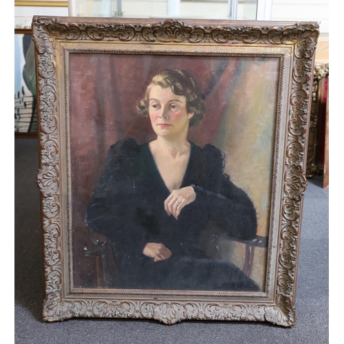 289 - James Sinton Sleator RHA (1889-1950) Half length portrait of a lady wearing a black dressoil on canv... 