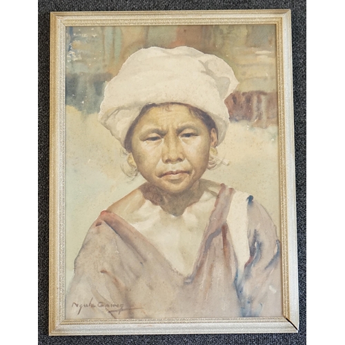 303 - Ngwe Gaing  (Burmese 1901-1967) Portrait of a woman wearing a white hatwatercolour on papersigned38 ... 