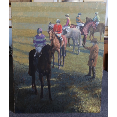 314 - § § Peter Howell (b.1932) Racehorses before the startoil on canvassigned127 x 101cm... 