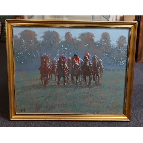 315 - § § Peter Howell (b.1932) Racehorses on the straightoil on canvassigned60 x 75cm... 