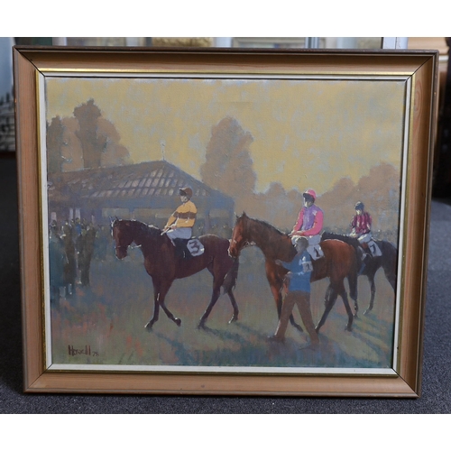 317 - § § Peter Howell (b.1932) Racehorses approaching the paddockoil on canvassigned and dated '7850 x 60... 