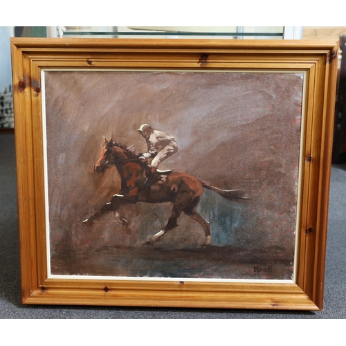 318 - § § Peter Howell (b.1932) Sketch of a racehorse and jockeyoil on canvassigned50 x 60cm... 