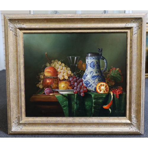 323 - § § Raymond Campbell (b.1956) Still life of a delft flagon and fruit on a table topoil on boardsigne... 