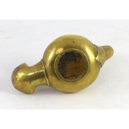 34 - A Renaissance or Roman bronze oil lamp, the high looped handle with horse head finial, 17.5cm long... 