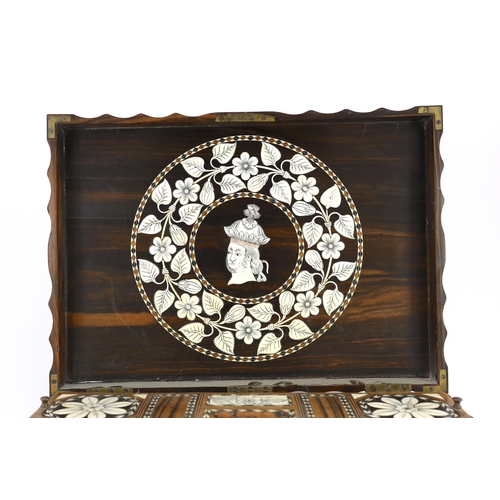 35 - A mid 19th century Anglo Indian ivory inset ebony and other exotic hardwood travelling casket, of se... 