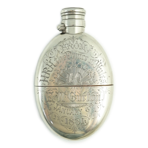 355 - A late Victorian silver oval hip flask, with Royal presentation inscription 'From H.R.H. the Prince ... 