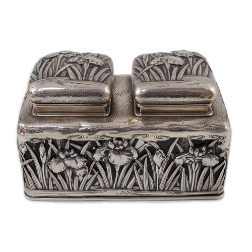 363 - A Japanese silver double inkwell by Arthur Bond, Yokohama, c.1900, embossed and pierced with irises,... 