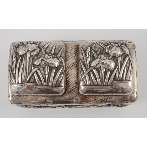 363 - A Japanese silver double inkwell by Arthur Bond, Yokohama, c.1900, embossed and pierced with irises,... 