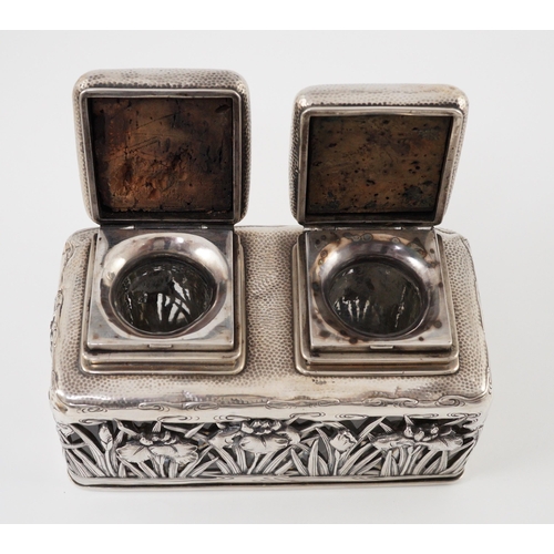 363 - A Japanese silver double inkwell by Arthur Bond, Yokohama, c.1900, embossed and pierced with irises,... 