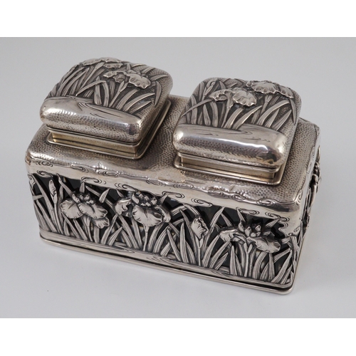 363 - A Japanese silver double inkwell by Arthur Bond, Yokohama, c.1900, embossed and pierced with irises,... 