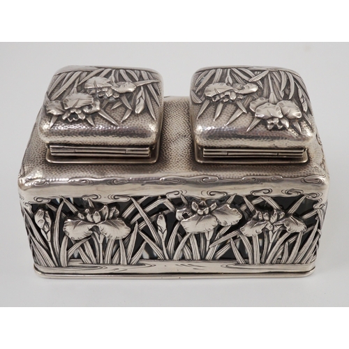 363 - A Japanese silver double inkwell by Arthur Bond, Yokohama, c.1900, embossed and pierced with irises,... 