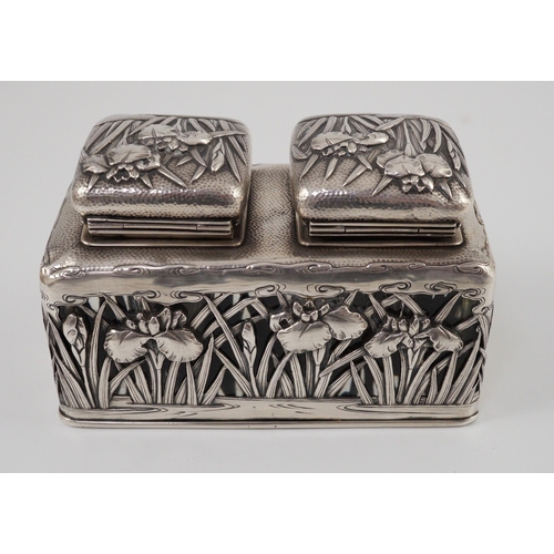 363 - A Japanese silver double inkwell by Arthur Bond, Yokohama, c.1900, embossed and pierced with irises,... 