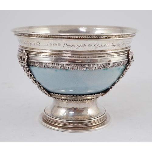 366 - An Arts and Crafts silver mounted Ruskin pottery pedestal bowl, the silver mounts by A.E. Jones, Bir... 