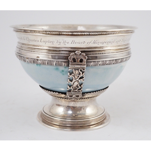 366 - An Arts and Crafts silver mounted Ruskin pottery pedestal bowl, the silver mounts by A.E. Jones, Bir... 