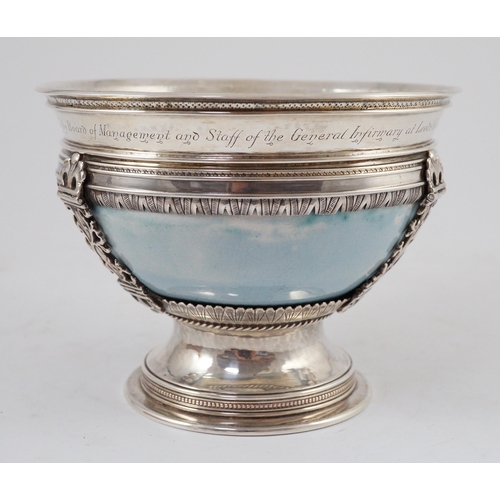 366 - An Arts and Crafts silver mounted Ruskin pottery pedestal bowl, the silver mounts by A.E. Jones, Bir... 