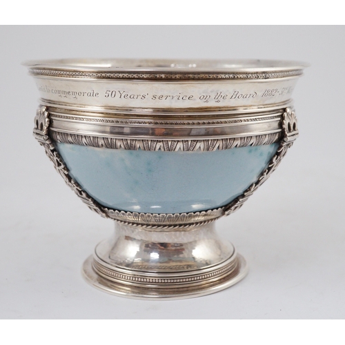 366 - An Arts and Crafts silver mounted Ruskin pottery pedestal bowl, the silver mounts by A.E. Jones, Bir... 