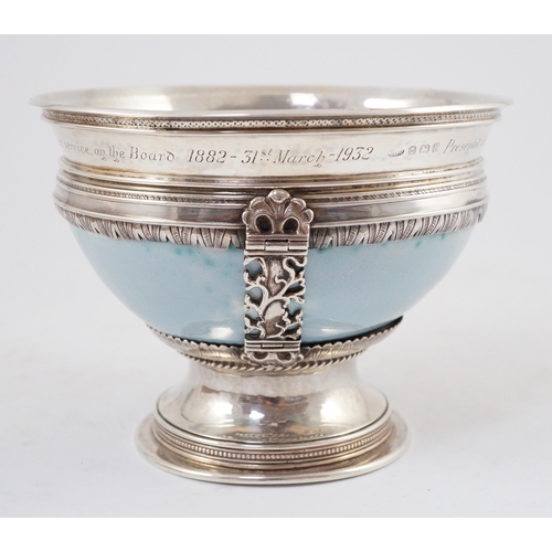 366 - An Arts and Crafts silver mounted Ruskin pottery pedestal bowl, the silver mounts by A.E. Jones, Bir... 