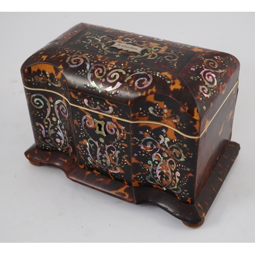 37 - A Regency mother of pearl inset blond tortoiseshell tea caddy, of serpentine rectangular form, with ... 