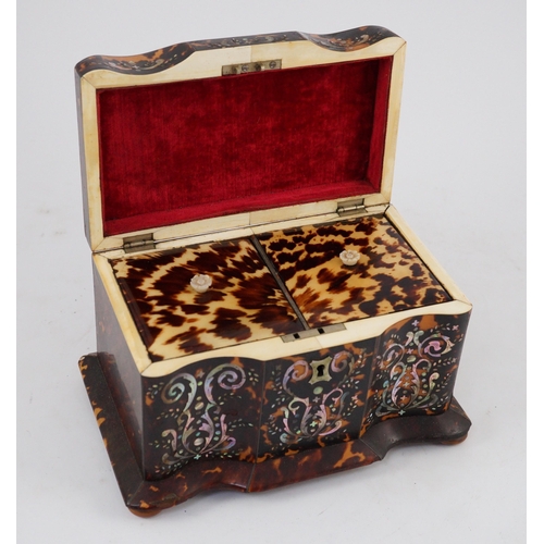 37 - A Regency mother of pearl inset blond tortoiseshell tea caddy, of serpentine rectangular form, with ... 