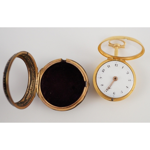 375 - A mid 18th century gilt metal and tortoiseshell pair cased keywind verge pocket watch by Catlin, Lon... 