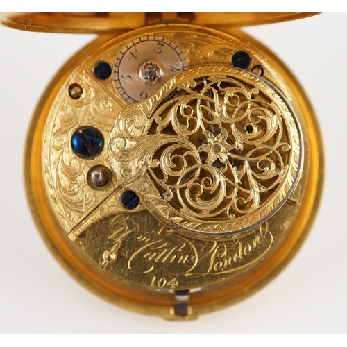 375 - A mid 18th century gilt metal and tortoiseshell pair cased keywind verge pocket watch by Catlin, Lon... 