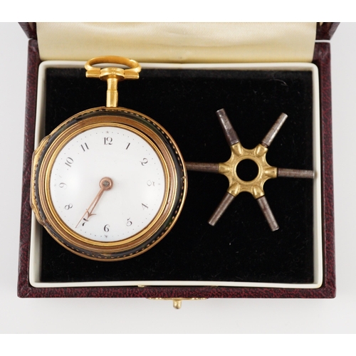 375 - A mid 18th century gilt metal and tortoiseshell pair cased keywind verge pocket watch by Catlin, Lon... 