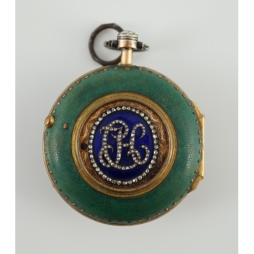 376 - A late 18th century Louis XVI gold, shagreen, enamel and rose cut diamond set pair cased key wind po... 