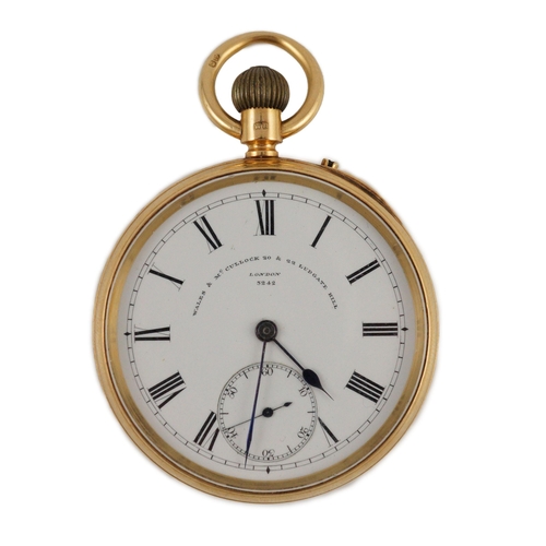 377 - A late Victorian 18ct gold open face keyless lever pocket watch, by Wales & McCullock, Ludgate Hill,... 