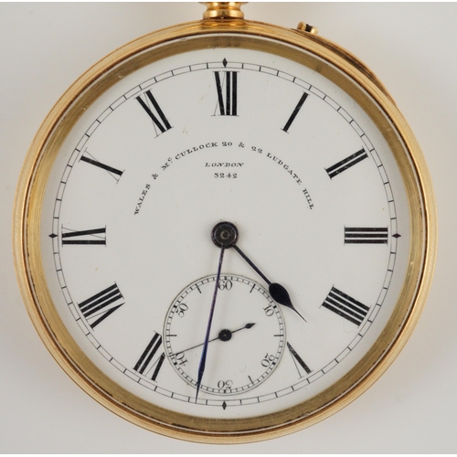 377 - A late Victorian 18ct gold open face keyless lever pocket watch, by Wales & McCullock, Ludgate Hill,... 