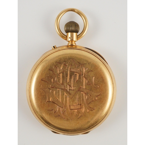 377 - A late Victorian 18ct gold open face keyless lever pocket watch, by Wales & McCullock, Ludgate Hill,... 