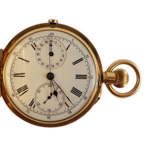 379 - An early 20th century Swiss 18ct gold hunter keyless chronograph pocket watch, the Roman dial with t... 