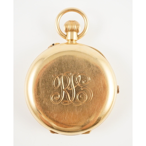 379 - An early 20th century Swiss 18ct gold hunter keyless chronograph pocket watch, the Roman dial with t... 