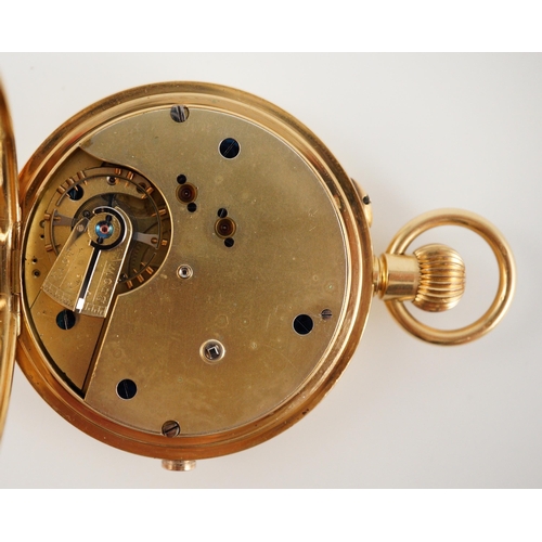 379 - An early 20th century Swiss 18ct gold hunter keyless chronograph pocket watch, the Roman dial with t... 