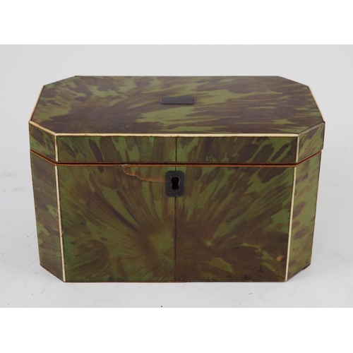 38 - A George III green stained tortoiseshell and ivory octagonal tea caddy, of plain form, fitted with t... 