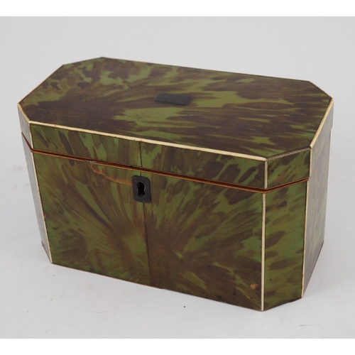 38 - A George III green stained tortoiseshell and ivory octagonal tea caddy, of plain form, fitted with t... 