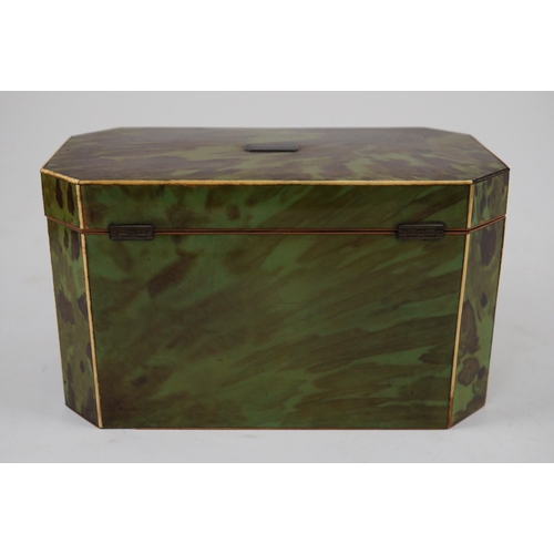 38 - A George III green stained tortoiseshell and ivory octagonal tea caddy, of plain form, fitted with t... 