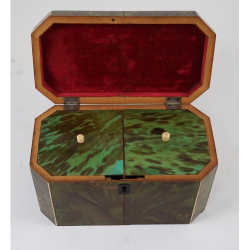 38 - A George III green stained tortoiseshell and ivory octagonal tea caddy, of plain form, fitted with t... 