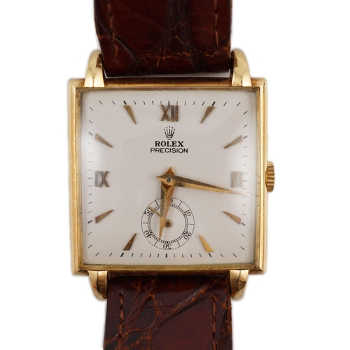 385 - A gentleman's 18ct gold Rolex precision square dial manual wind wrist watch, with subsidiary seconds... 