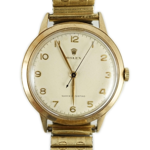 386 - A gentleman's early 1950's 9ct gold Rolex Shock-Resisting manual wind wrist watch, on associated fle... 