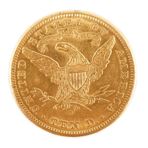 393 - U.S.A coins, a Liberty Head gold $10, 1893, m.m. O, edge wear otherwise VF