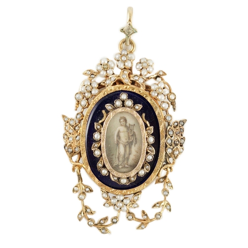 401 - A Regency parcel gilt silver seed pearl and enamel set oval pendant, with inset ivory panel of a sem... 